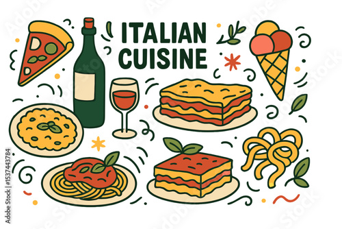 A collection of Italian cuisine doodles featuring traditional food and drinks like pizza, lasagna, risotto, gelato, pasta, spaghetti, and wine, all illustrated in a freehand vector style on a white