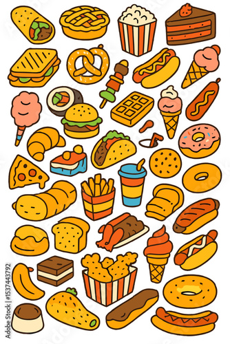 A diverse range of vibrant fast foods from numerous countries around the globe, including pastries, desserts, fairground treats, breakfast and lunch snacks from street vendors and cafes, presented as