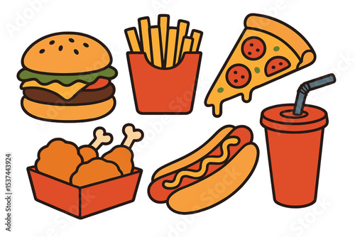 Collection of cartoon fast food items, presented as a vector illustration in eps10 format, isolated on a white background