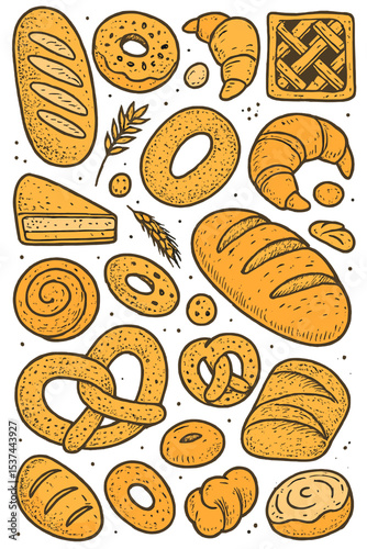 A hand-drawn bakery sketch featuring bread and sweet pastries serves as a background and top view frame in a vector illustration set