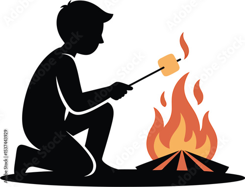 Silhouette illustration of a person roasting a marshmallow over a campfire during camping
