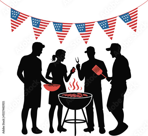 Silhouette of a group enjoying a barbecue cookout with american flag bunting decorations