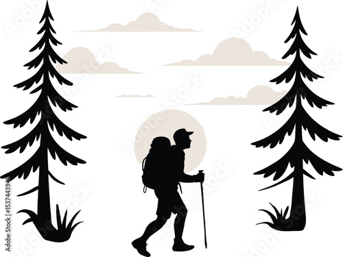 Silhouette of a hiker exploring nature trail with backpack and trekking pole between pine trees