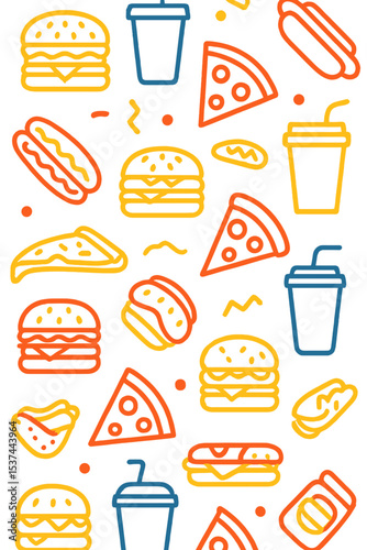 A seamless pattern of fast food featuring vector line icons of a hamburger, pizza, hot dog, beverage, and cheeseburger serves as a restaurant menu background for a tasty yet unhealthy lunch