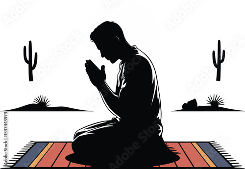 Silhouette of a man praying on a prayer mat with desert landscape elements