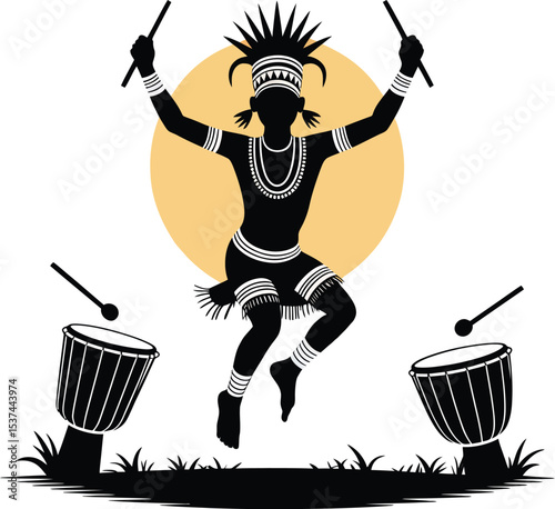 Silhouette of a person dancing with drums and playing in a cultural celebration with traditional attire