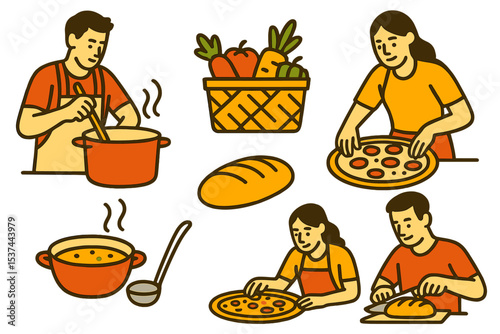 Vector illustration of a cooking food set, featuring cartoon characters preparing a meal at a kitchen table, surrounded by a basket of vegetables, soup, homemade bread, and pizza, all arranged in a