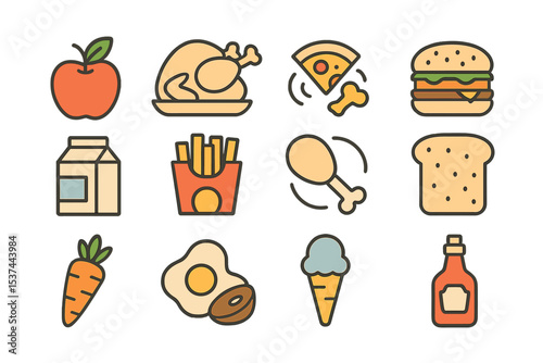 Editable stroke line icons featuring food are set against a transparent background