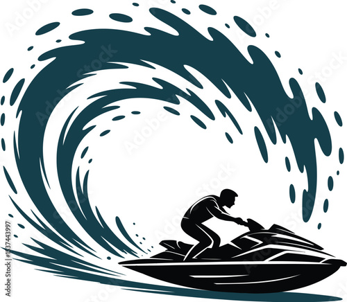 Silhouette of a person riding a jet ski with a large water splash in summer