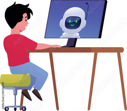Boy sitting at desk using computer, communicating with chatbot on screen.