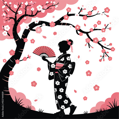 Silhouette of a woman in kimono with fan under cherry blossoms in japanese garden