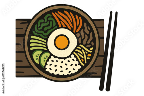 A bowl of bibimbap is positioned on a black wood table, captured from a top view, set against a Korean food background
