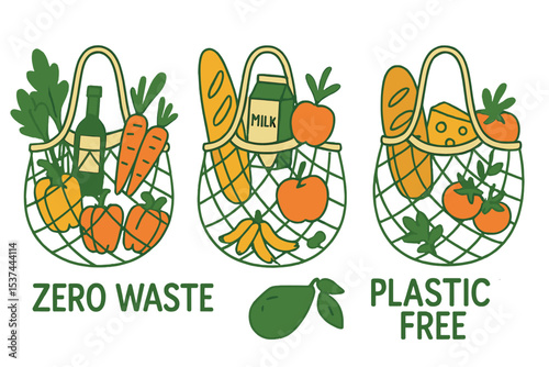 A trio of eco-friendly shopping net bags filled with assorted items, embodying a zero-waste and plastic-free lifestyle, featuring diverse products from a local market in a colorful, trendy vector