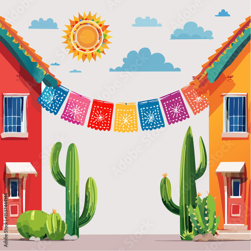 Colorful rainbow street banner strung between vibrant houses adorned with cacti and papel picado, capturing essence of celebration and community spirit in festive atmosphere Dia del Orgullo LGBTQ