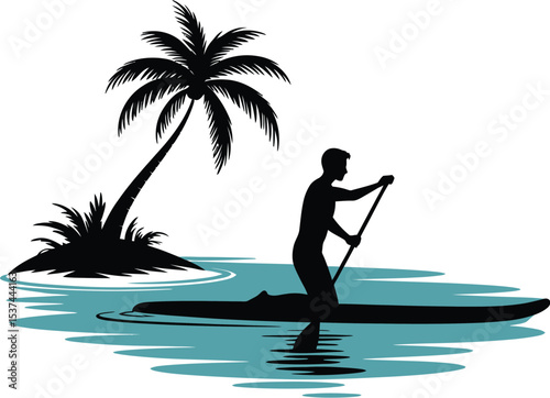Silhouette of paddleboarder on water near tropical island with palm tree vector illustration