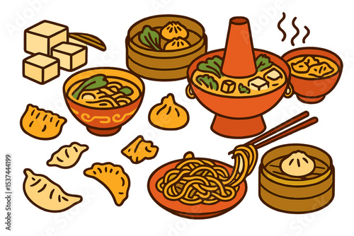 Vector illustration of Chinese cuisine outline drawings featuring Asian dinner restaurant food doodle sketch, including tofu, rice, baozi, hotpot, and soup