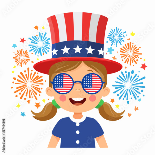 Young girl wearing a patriotic hat and glasses with American flag design, smiling joyfully against a colorful fireworks background celebrating Independence Day