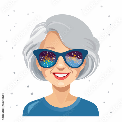Senior woman with silver hair wearing sunglasses reflecting colorful fireworks, smiling joyfully, celebrating Independence Day with festive spirit and vibrant atmosphere