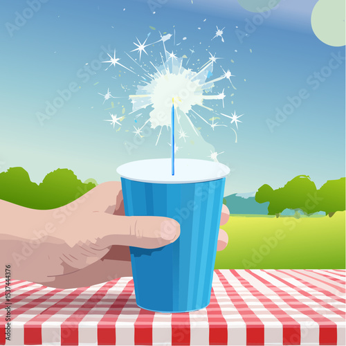 Hand holding blue cup with sparkler, set on checkered tablecloth, against vibrant outdoor backdrop, festive occasion celebrating July 4th Independence Day with joyful atmosphere and summer vibes