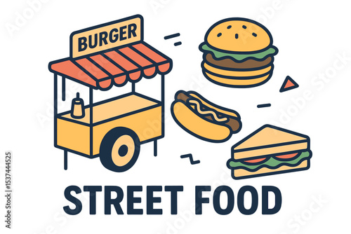 Vector 3d sketch line isometric illustrations of street food, including burgers, hot dogs, and sandwiches, are shown in a flat style with color icons
