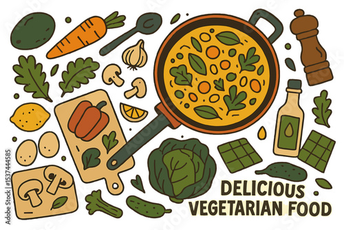 Delicious vegetarian food concept featuring hand drawn vector illustrations of isolated elements including soup in a pan, utensils, pepper grinder, oil, mushrooms, cutting board, lemon, eggs, napkin