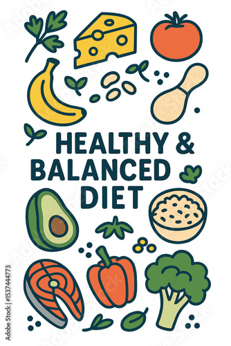 A vibrant and nutritious eating plan is represented by a banner of food icons, featuring a flat lay of cartoon ingredients and foods on a white background, created as a vector illustration