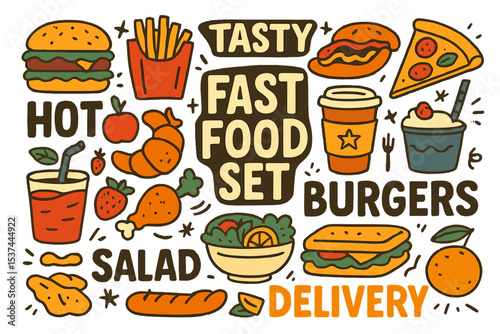 Extensive collection of fast food items and terminology in English, presented in a handmade font style, suitable for decorating chalkboards in public eateries to enhance your design, accompanied by
