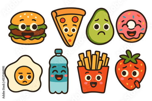 Comic style illustrations feature cute food, along with adorable characters displaying various emotions, all in a colorful and funny vector format on a white background as part of a sticker pack