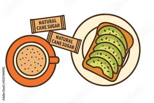 The arrangement of a cappuccino cup on a saucer, natural cane sugar packets, and a plate of avocado toast, as seen from above, reflects a modern approach to food and lifestyle