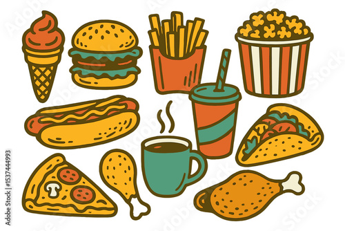 Fast food items including meals, drinks, and snacks are depicted in sketches, featuring a hamburger, hotdog, tacos, french fries, a popcorn bucket, a pizza piece, chicken drumstick, and hot beverages