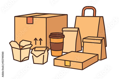 Various items like delivery packages, cardboard boxes, and containers, along with paper cups for takeaway food and drink, are featured
