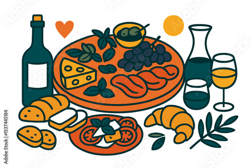 Italian and Greek-inspired table setup featuring assorted snacks ideal for wine and drinks, accompanied by a wedding sketch with food and wine in a dolce vita drawing style, all presented as a vector