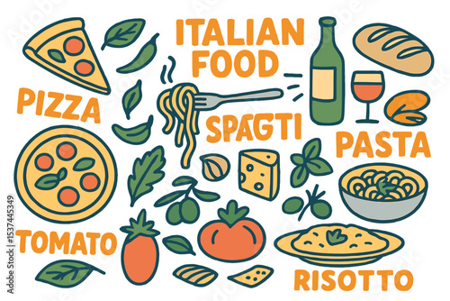 A hand drawn set of Italian food doodles featuring orange lettering in vector format
