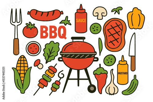A square collage background features a barbecue food set with cartoon meat and vegetables, sauces, and utensils like a fork, knife, and skewer, along with grill equipment, symbolizing picnic and
