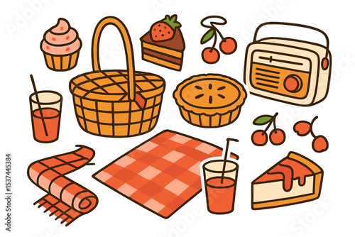 A gathering of picnic essentials, comprising a basket, rug, cakes, pie, radio, cherries, and various desserts, presented in a vector illustration