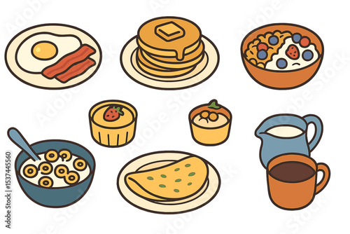 The breakfast set consists of morning healthy meals including a fried egg with bacon, pancakes, granola, omelette, pudding, cereal with milk, and coffee, which are all tasty food and delicious