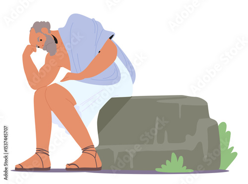 Ancient elderly philosopher cartoon character frowning forehead sitting on stone in deep thinking