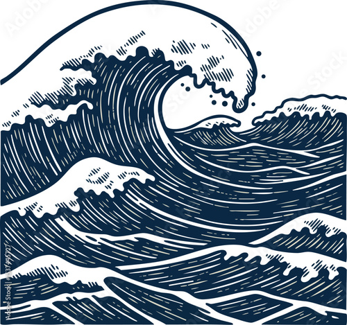 Ocean wave illustration with detailed line art style in dark blue vector design 