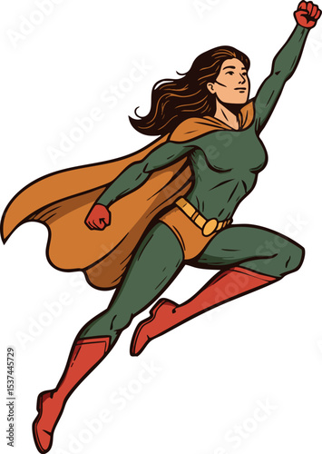 Female superhero flying with cape and dynamic pose in comic style vector illustration 