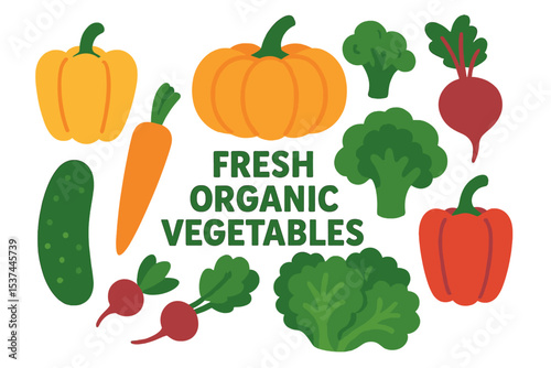 A collection of fresh organic vegetables is showcased, featuring natural and healthy food products including a variety of veggies like pumpkin, pepper, broccoli, and carrot, highlighting vegan