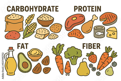 Infographic product showcasing carbohydrate, protein, fat, and fiber sources, featuring a healthily balanced set of food including meat, cereals, seafood, vegetables, fruits, and berries in a vector