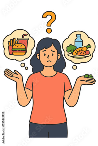 A woman cartoon character is depicted choosing between healthy and unhealthy food options in a dieting and weight loss concept illustration