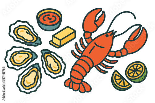 A detailed vector drawing of Mediterranean food ingredients, including 315 oyster lobster lobster, cooked with sauce, butter, oysters, shells, and lime, as part of a seafood set