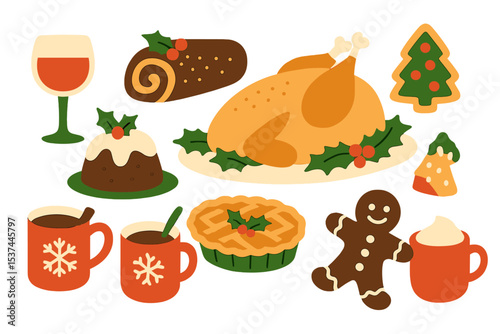 Christmas food set consisting of festive dishes for a winter holiday meal, including turkey, sweet desserts, pie, gingerbread, hot drinks, and other treats for an Xmas party, presented as a flat