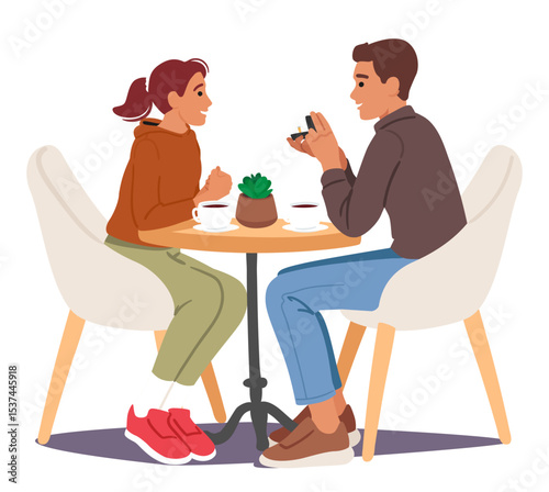 Marriage proposal in cafe during romantic dating cartoon scene with young people loving couple