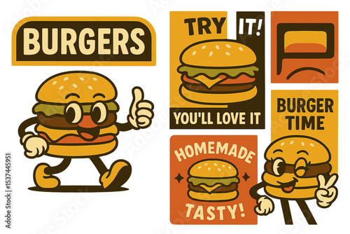 Retro cartoon posters and cards for burgers, along with fast food elements, are available for a burger bar, cafe, or restaurant, featuring comic characters, slogans, and quotes, and can be used for