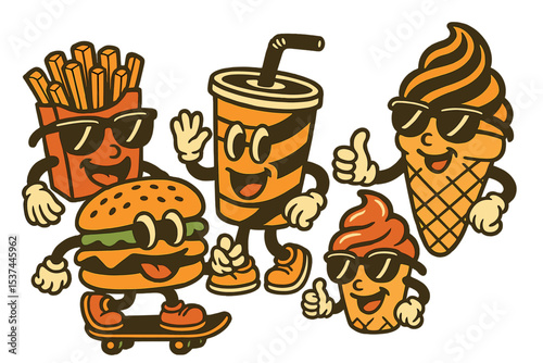 A collection of retro cartoon characters depicting fast food in a groovy style, featuring a vintage burger mascot with french fries on a skateboard, accompanied by soda, ice cream, and glasses, all