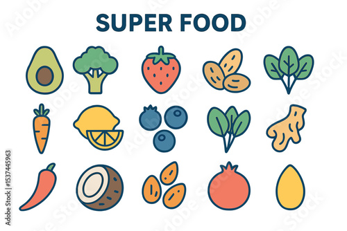 A thin line icon set featuring superfoods, including fruits, vegetables, berries, nuts, roots, and seeds, is available for use in promoting healthy and organic eating