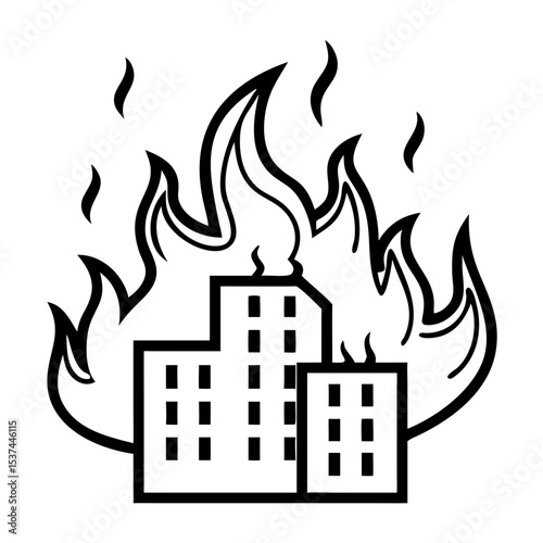Burning buildings surrounded by flames in a fire illustration  