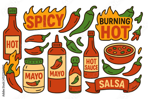 A large collection of spicy Chilli sauces is depicted, featuring red and green Hot Chili peppers, along with an assortment of fiery dressings, including mayo and salsa, all of which are extremely
